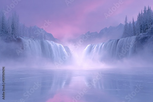 Mystical Waterfalls: Captivating the serene beauty of cascading waterfalls, surrounded by frosted trees and enveloped in a misty, ethereal ambiance.