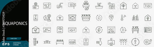 Aquaponics system line vector icon set sustainable farming technology