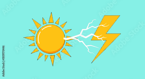 A cartoon sun generates a bolt of electricity, symbolizing solar power and renewable energy.