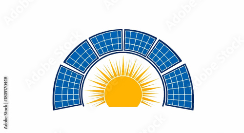 Solar panels arranged in a semicircle above a radiant yellow sun, representing clean energy and sustainability.