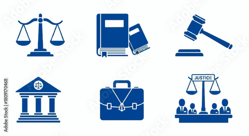 A set of six blue vector icons illustrating various aspects of law and justice, featuring scales, books, a gavel, a courthouse, a briefcase, and a judicial panel.
