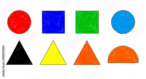 A collection of eight basic geometric shapes, including circles, squares, triangles, and a semicircle, each filled with a different vibrant color.