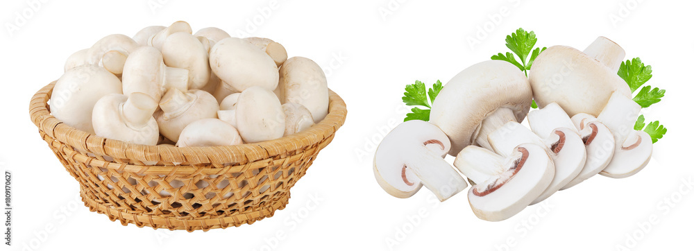 Fototapeta premium Fresh mushroom champignon in a wicker basket isolated on white background
