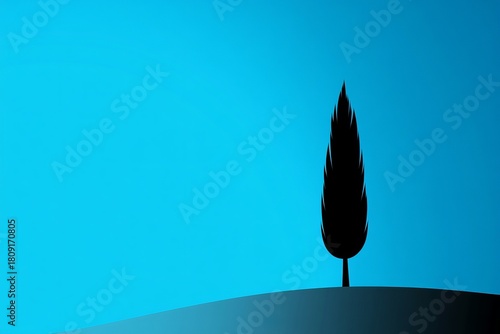 Cypress silhouette stands against a vibrant blue gradient sky, with a soft gray hill forming the horizon line.