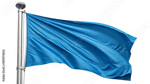 Blue Waving Flag on Pole Isolated on White Background