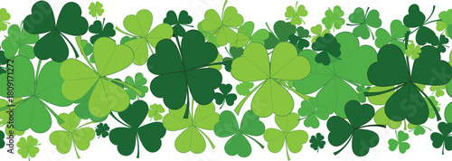 Seamless Horizontal Border Pattern of Green Clovers and Shamrocks for St. Patrick's Day and Luck Decoration Vector.