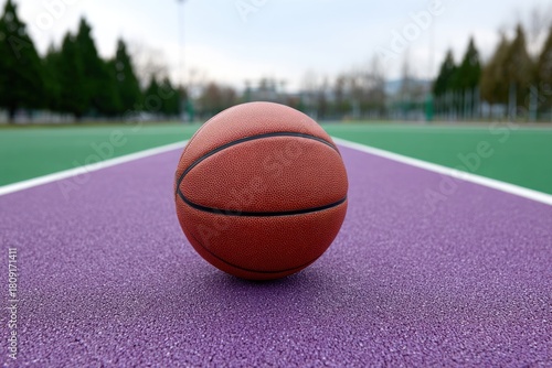 Wallpaper Mural Basketball Court Ready: A solitary basketball rests prominently on a vibrant purple court, inviting the viewer into a space of anticipation, readiness, and the love for the game. Torontodigital.ca