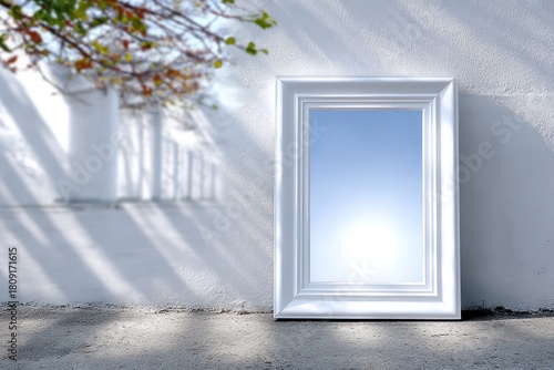 Wallpaper Mural Empty Frame: A pristine white frame leans casually against a sun-drenched wall, with a mesmerizing sky reflected within its empty space, symbolizing potential and creativity.  Torontodigital.ca