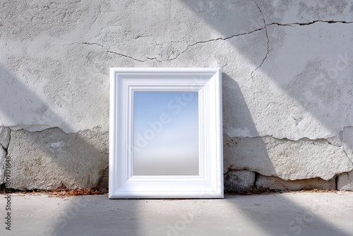 Wallpaper Mural Empty Frame's Reflection: A minimalist composition showcasing an empty white frame, leaning against a weathered stone wall, reflecting a clear blue sky, evoking a sense of artistic potential. Torontodigital.ca