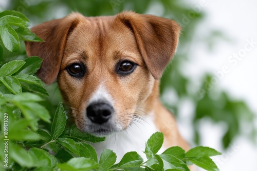 Wallpaper Mural Curious Pup in the Greenery: A charming young dog, with expressive eyes and a friendly demeanor, peeps out from behind lush green foliage, inviting a moment of connection. Torontodigital.ca