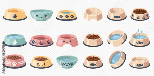 A diverse collection of pet food and water bowls featuring various colors, shapes, and playful designs like paw prints and fish motifs.