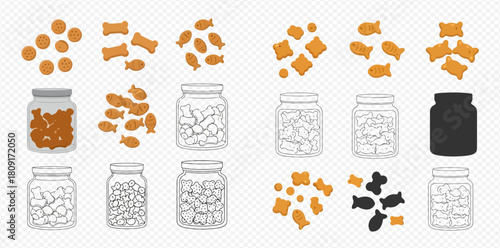 Vector illustration of pet treats in various shapes and jars, including bones, fish, and round biscuits.