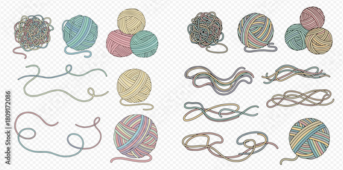 Hand-drawn illustration set of colorful yarn balls, tangled threads, and wavy strings, perfect for knitting, crochet, and craft projects.