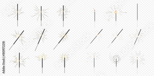 Set of realistic sparklers with glowing sparks and unlit sticks on transparent background.