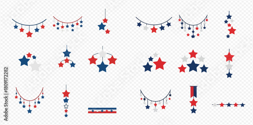 Collection of patriotic star decorations in red, white, and blue, including garlands, hanging ornaments, and star clusters for celebrations.