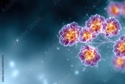 Wallpaper Mural Glowing Biological Wonders: A mesmerizing macro shot of vibrant, luminous cell formations, their delicate structures radiating with internal energy against a backdrop of ethereal blue hues.  Torontodigital.ca