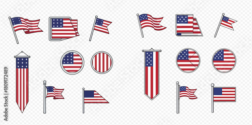 A comprehensive collection of American flag designs, showcasing various shapes, orientations, and display styles for patriotic and national themes.