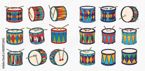 Vibrant collection of cartoon drums with various patterns and drumsticks, perfect for musical themes.
