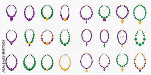 Vector illustration of diverse Mardi Gras necklaces with different pendants and bead styles.