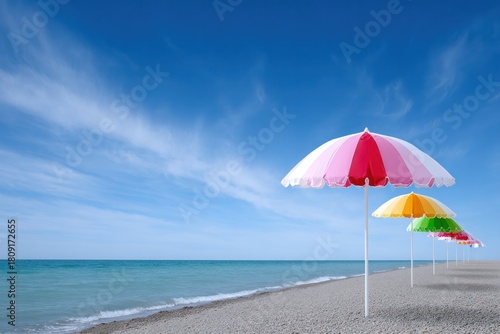 Wallpaper Mural Beach umbrellas on a coastal paradise: Vibrant beach umbrellas punctuate the tranquil seashore, their colors adding a playful touch to the serene landscape. Torontodigital.ca
