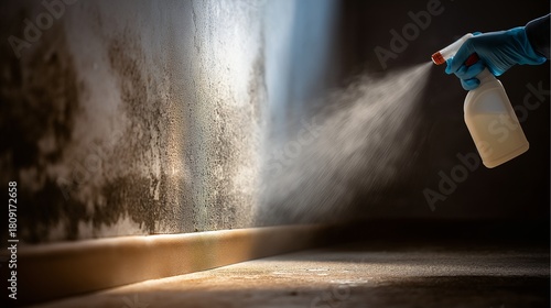 Spray bottle mildew wall cleaning glove low angle perspective severe moisture disinfectant. Cleaning mildew from wall with spray bottle gloved hand and low angle perspective showing severe mold