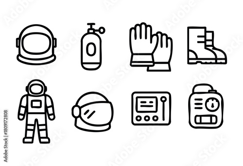 Showing equipment needed for space missions, this collection includes an astronaut suit, gloves, helmet, oxygen tank, and boots, all vital for safety and functionality.