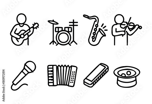 Different musical instruments and performers are depicted in a simple line art style. The scene includes a guitar, drums, saxophone, violin, microphone, accordion, harmonica, and a hat.