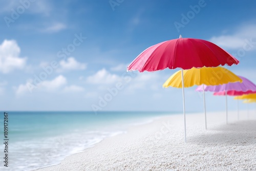 Wallpaper Mural Coastal Colors: A vibrant display of colorful umbrellas adorns the sandy shore, providing a delightful contrast against the turquoise sea and expansive sky. Torontodigital.ca