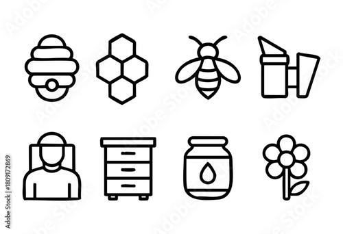 This collection features icons that depict various aspects of beekeeping, such as bees, honeycombs, equipment, and floral elements, emphasizing the connection between nature and honey production.