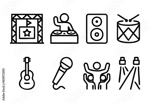 A vibrant scene captures a music festival atmosphere featuring a stage, a DJ, various instruments, and an engaged crowd cheering. The excitement fills the outdoor space during the event.