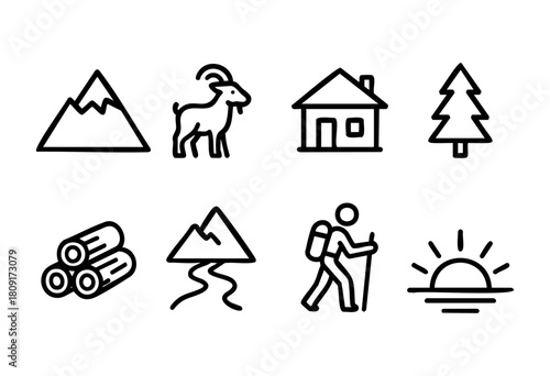 Various icons depict outdoor elements including mountains, a goat, a cabin, logs, a hiker, and a sunset. This collection inspires nature lovers and hiking enthusiasts.