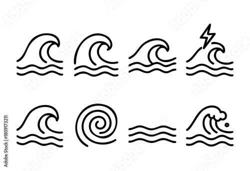 Multiple line drawings depict different ocean wave shapes and movements, capturing the energy and fluidity of water in an artistic manner. Each wave varies in design and motion.