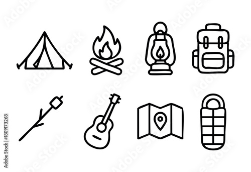 Camping gear and symbols represent outdoor activities such as setting up a tent, building a campfire, and preparing for a night under the stars.