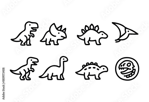 A collection of cute dinosaur illustrations includes a T-rex, Triceratops, Stegosaurus, and Pterosaur along with a fossil design, ideal for education and playful projects.