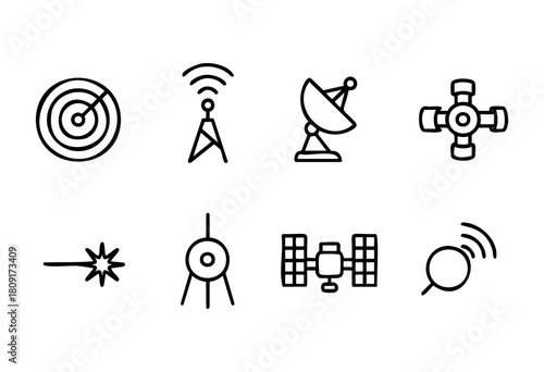 A set of simple line art symbols represents various communication technologies, including radar, antennas, and satellites, illustrating their connection to modern technology.