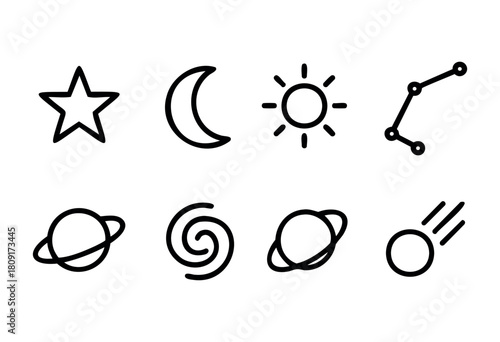 Symbols represent celestial bodies and phenomena, including stars, a crescent moon, the sun, constellations, and planets, designed for educational and art projects.