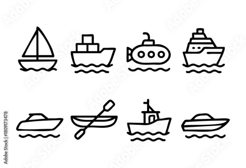 Different boat and ship designs are drawn in a playful style on a white background, showcasing a range of vessels including sailboats, cargo ships, and kayaks.