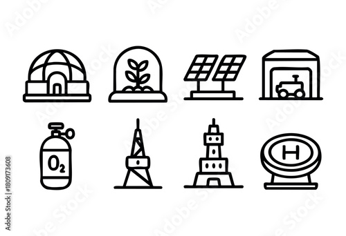 This collection includes icons showcasing a dome structure, a plant in a globe, solar panels, a tractor garage, an oxygen tank, a communication tower, a landmark tower, and a helipad.