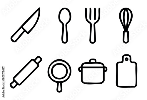 Various kitchen utensils including a knife, spoon, fork, whisk, rolling pin, strainer, pot, and cutting board are arranged simply to inspire home cooking and baking activities.