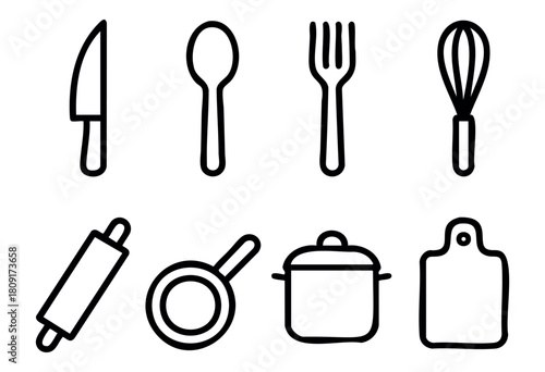 Various kitchen utensils are illustrated in a clean, simple line art style. Items include a knife, spoon, fork, whisk, rolling pin, strainer, pot, and cutting board, showcasing essential cooking tools