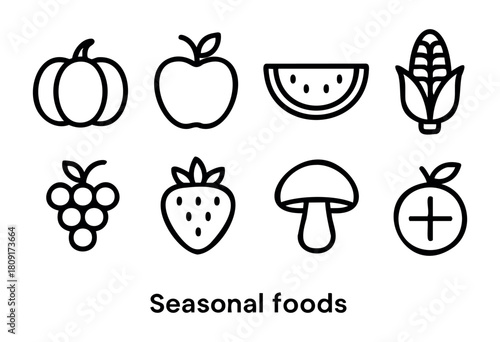 Set of line drawings featuring seasonal foods including a pumpkin, apple, watermelon, corn, grapes, strawberry, mushroom, and orange against a clean background.