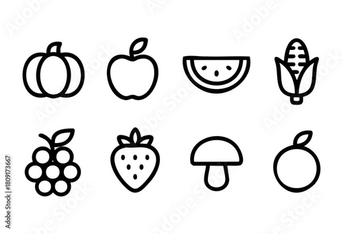 A grid displays various simple line icons showing fruits and vegetables, including a pumpkin, apple, watermelon, corn, grapes, strawberry, mushroom, and orange.