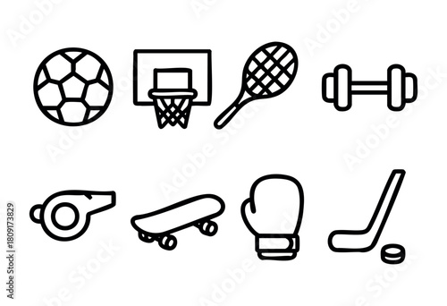Variety of sports equipment displayed together showcases a soccer ball, basketball hoop, racquet, weights, skateboard, boxing glove, and hockey stick. Ideal for various athletic activities.