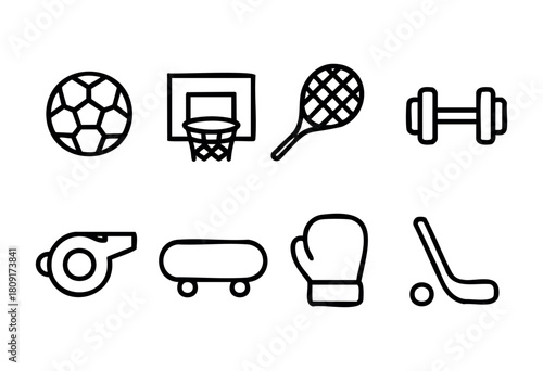 A collection of simple line drawings representing sports equipment, including a soccer ball, basketball hoop, tennis racket, and weights, perfect for promoting fitness.