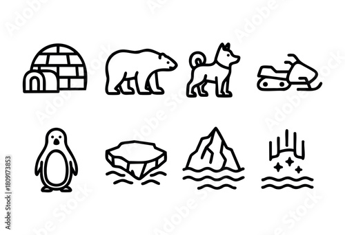Collection of simple pictograms showcasing Arctic elements including an igloo, a polar bear, a dog, a snowmobile, a penguin, floating ice, and majestic mountains with waves.