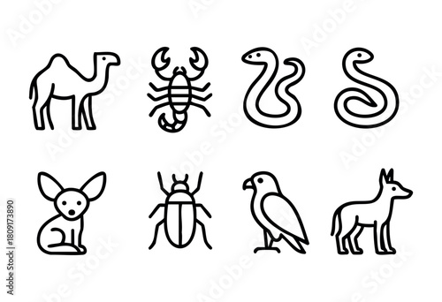 A collection of simple line drawings features a camel, scorpion, two snakes, a rabbit, a beetle, a bird, and a fox. Each design highlights distinct characteristics of the animals.