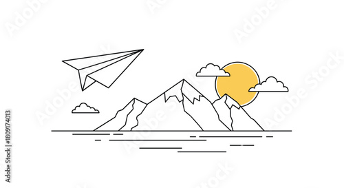 Minimalist illustration of a paper airplane flying over mountains with a sun and clouds.