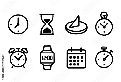 A collection of different timekeeping devices is presented. It showcases a clock, hourglass, sundial, alarm clock, digital watch, calendar, and stopwatch in a clean black and white style.