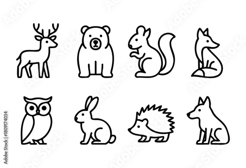 A variety of animal illustrations show a deer, bear, squirrel, fox, owl, rabbit, hedgehog, and wolf in a clean and minimalistic line art style. The designs are charming and suitable for various uses.