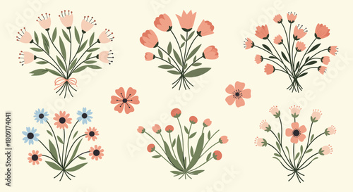 A charming collection of stylized floral illustrations in a light, creamy background.